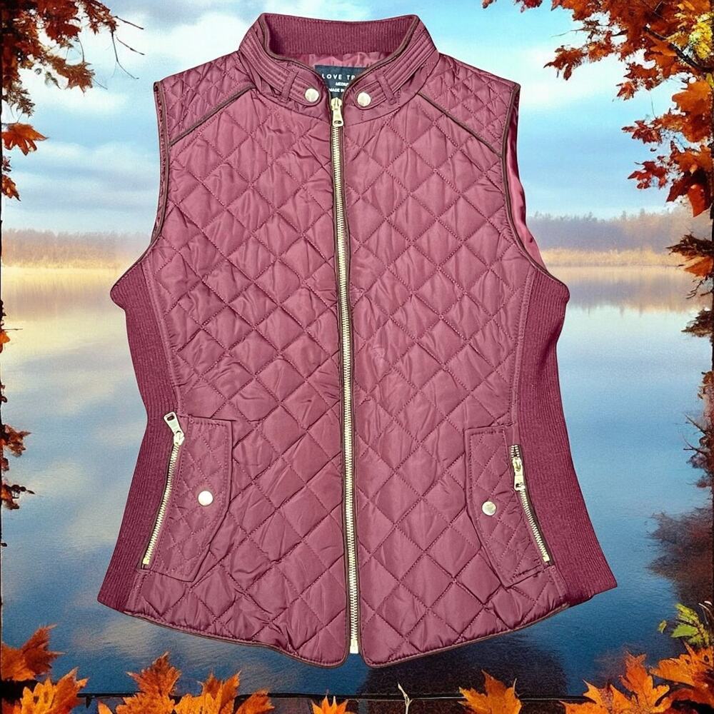 Love Tree Women’s Quilted Puffer Vest Size M Wine Red Gold Zippers Lightweight